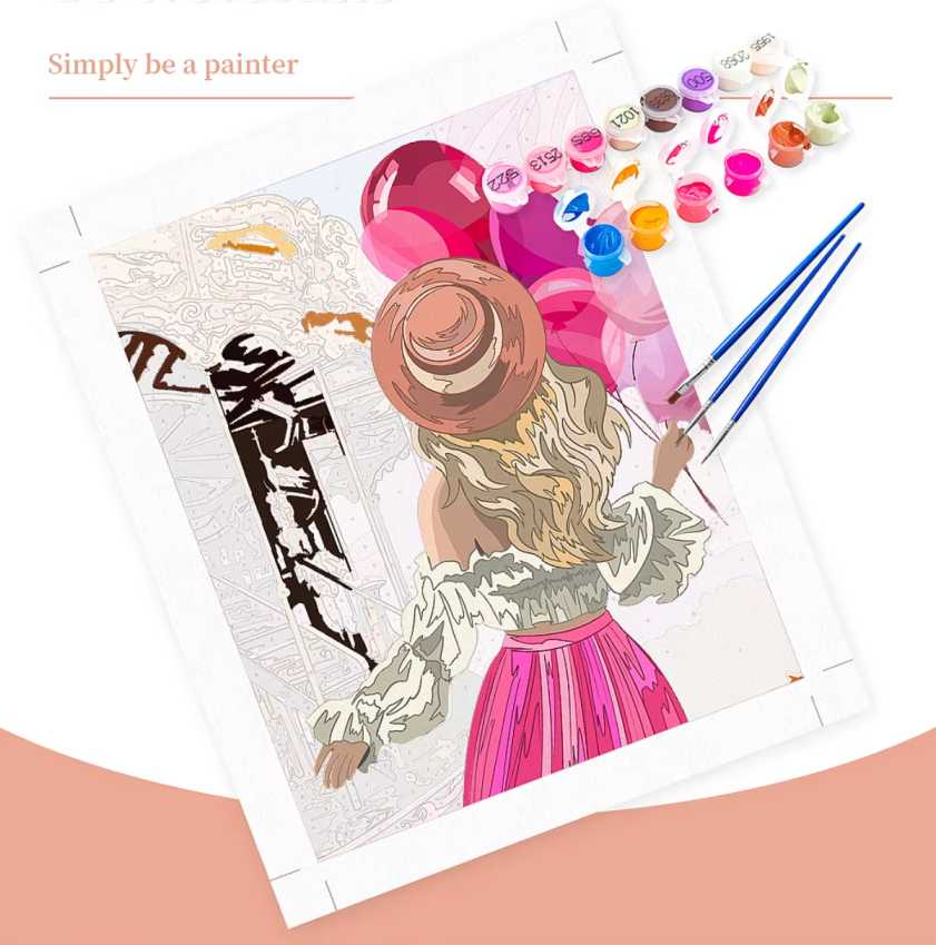 Paint by numbers canvas with a woman in a hat and dress, paintbrushes, and paint tubes on a white background.