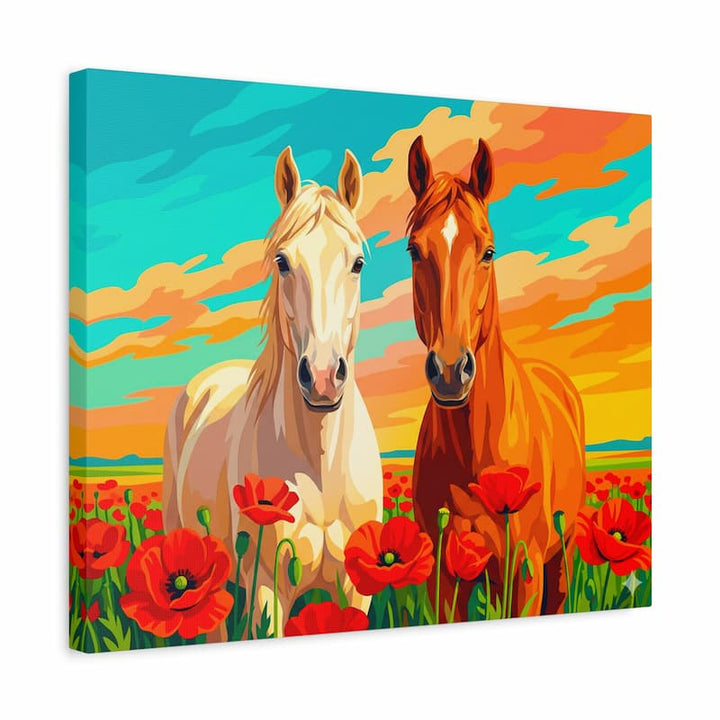 Field of Friends paint by numbers kit showing two horses standing in a field of red poppies and wildflowers under a vivid turquoise and orange sky in bold graphic pop-art colours