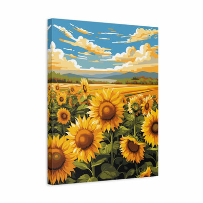 Field of golden sunflowers under a bright blue sky with rolling green hills - Paint by Numbers Kit shown in a frame