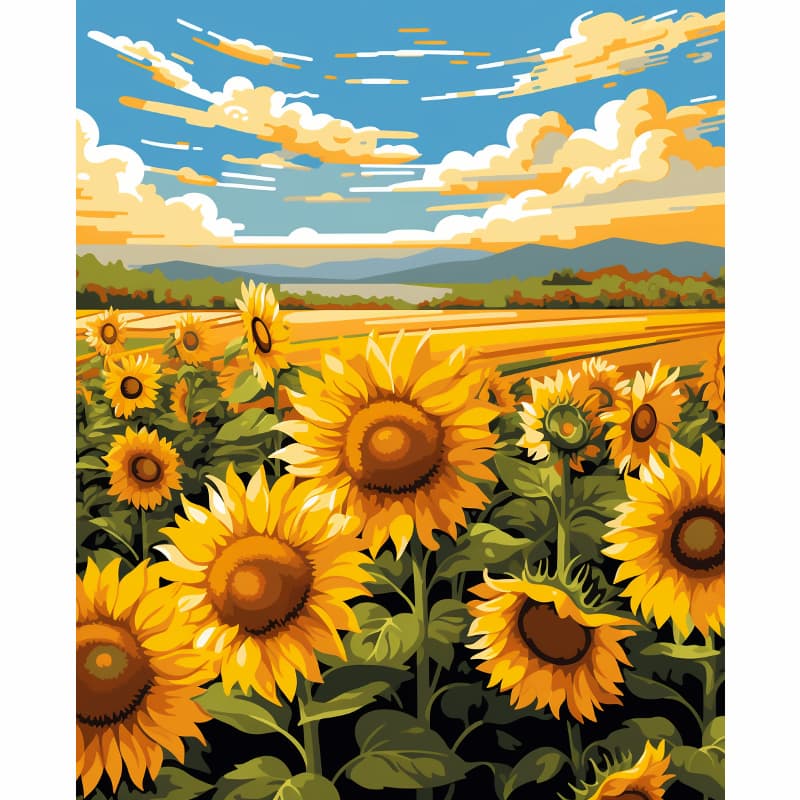 Field of golden sunflowers under a bright blue sky with rolling green hills - Paint by Numbers Kit