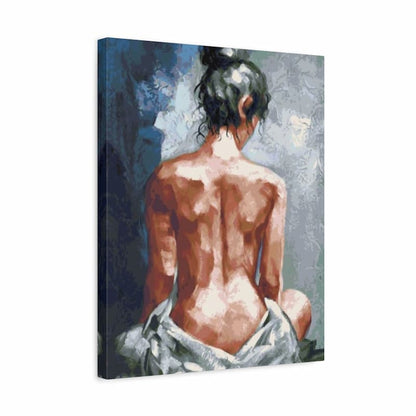 Canvas print of a woman sitting with a blue and gray abstract background