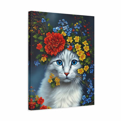 Canvas print of a cat surrounded by colorful flowers on a dark background