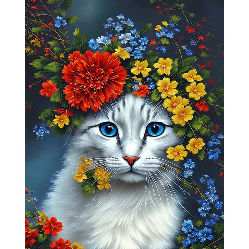 Painting of a white cat with blue eyes surrounded by colorful flowers on a dark background