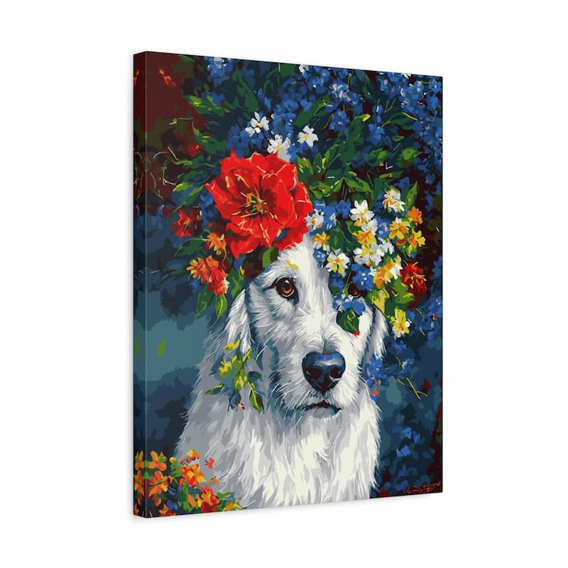 Canvas print of a dog with flowers on its head against a colorful floral background