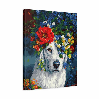Canvas print of a dog with flowers on its head against a colorful floral background