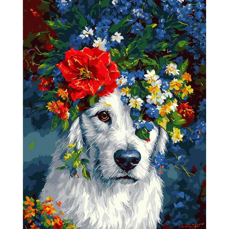Painting of a white dog surrounded by colorful flowers