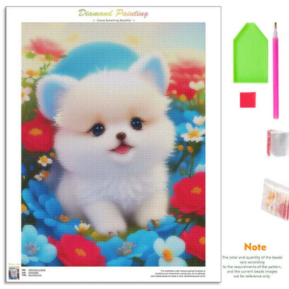 Diamond painting kit featuring a printed design of a fluffy white puppy sitting in a field of colorful flowers, shown alongside included tools and beads on a white background.