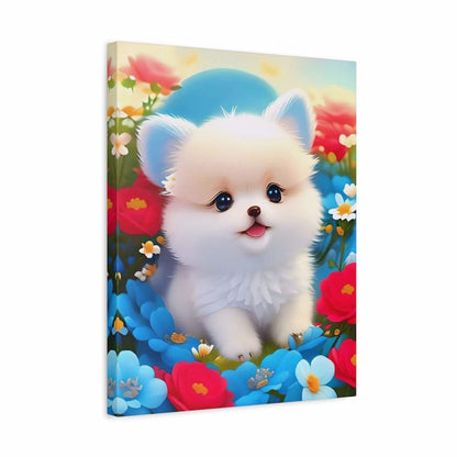 A square canvas wall art print featuring a fluffy white puppy sitting in a colorful field of blue, red, and white flowers, shown at a slight angle against a plain white background.