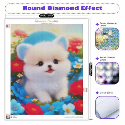 A diamond painting canvas featuring a fluffy white puppy sitting in a colorful field of flowers, shown on a white background with product callouts and dimension labels. The image includes text reading 'Round Diamond Effect,' '30cm/12inch,' 'Canvas Manuscript Details,' 'Round Diamond Details,' and 'Overall Canvas,' plus small inset views of the canvas details and a rolled canvas.