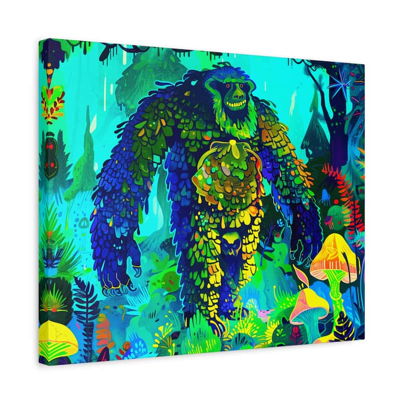 Colorful painting of a creature in a forest setting with vibrant greens, blues, and yellows.