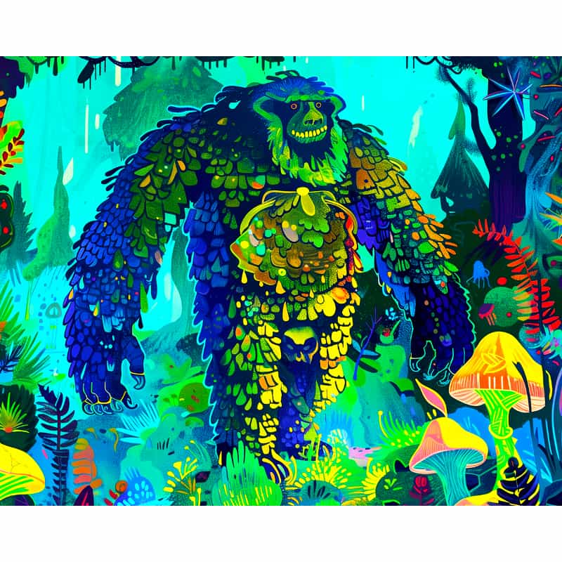 Colorful creature in a vibrant jungle setting with mushrooms and foliage.
