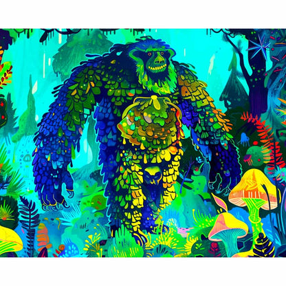Colorful creature in a vibrant jungle setting with mushrooms and foliage.