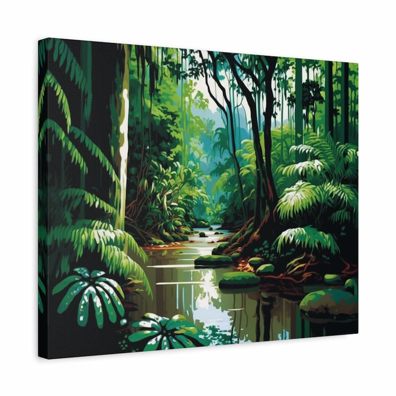 Quiet rainforest stream reflecting towering trees and hanging vines - Paint by Numbers Kit shown in a frame