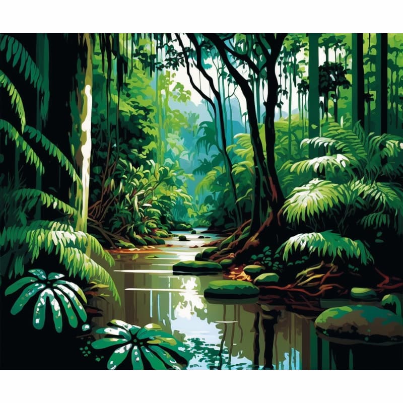Quiet rainforest stream reflecting towering trees and hanging vines - Paint by Numbers Kit