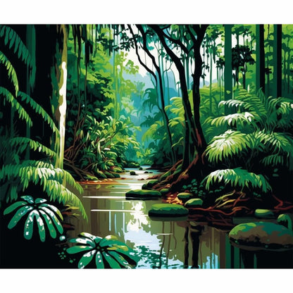 Quiet rainforest stream reflecting towering trees and hanging vines - Paint by Numbers Kit