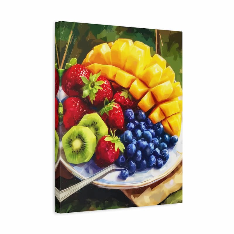 Canvas print of a colorful fruit platter with mango, strawberries, kiwi, and blueberries on a white plate.