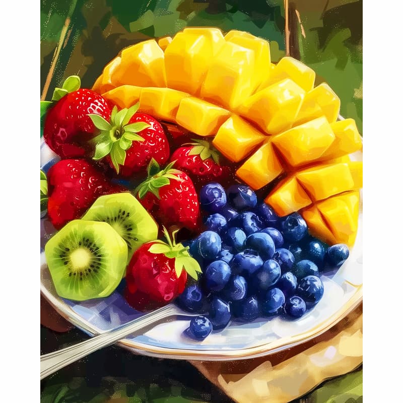Fruit platter with sliced mango, strawberries, kiwi, and blueberries on a plate.