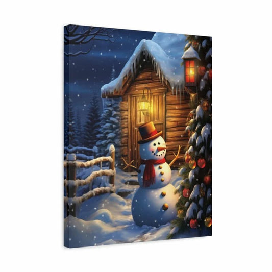 Canvas print of a snowy scene with a cabin, snowman, and Christmas tree.