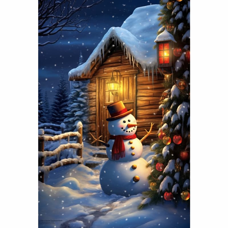 Snowman in front of a wooden cabin with a lit lantern on a snowy night.