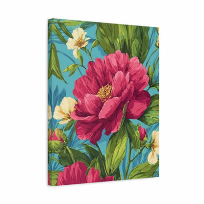 A vertical canvas wall art print featuring a vibrant floral design with a large pink peony, green leaves, and small cream flowers on a turquoise blue background, shown at a slight angle against a plain white backdrop.