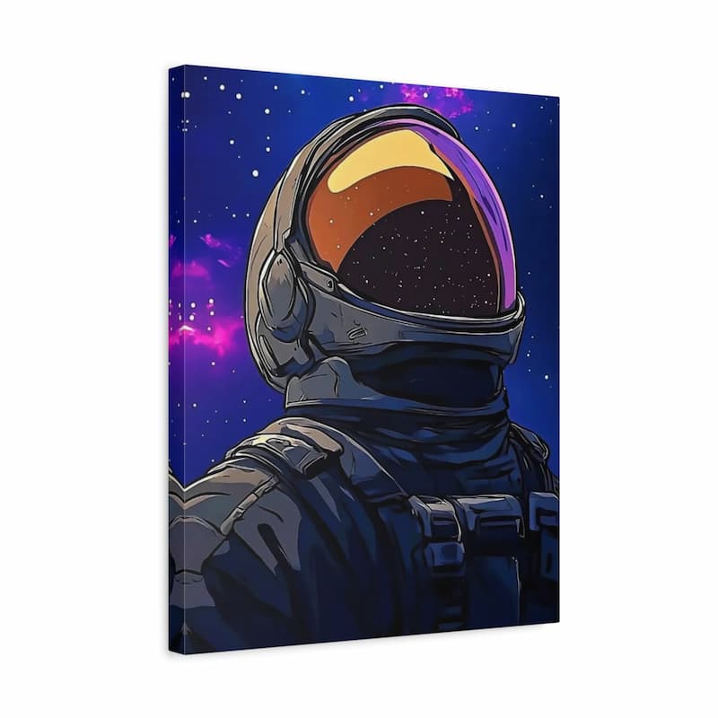 Canvas print of an astronaut in space with a purple and orange helmet.