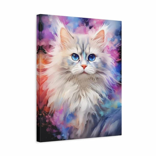 A vertical canvas wall art print featuring a fluffy white cat with bright blue eyes against a colorful abstract background of purple, pink, and blue brushstrokes, shown on a plain white studio background.