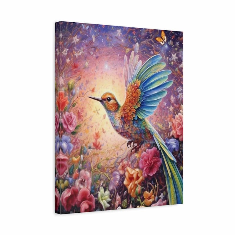A colorfull hummingbird diamond painting shown in a canvas