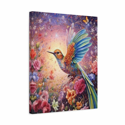 A colorfull hummingbird diamond painting shown in a canvas