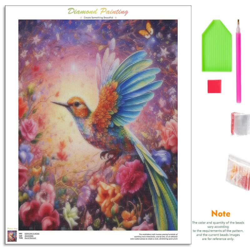 Diamond painting kit featuring a colorful hummingbird and floral design on a canvas, shown alongside included tools: a green palette, pink pencil, red color chip, and bead packets. Text at the top reads 'Diamond Painting' and a note explains bead quantity and pattern reference.