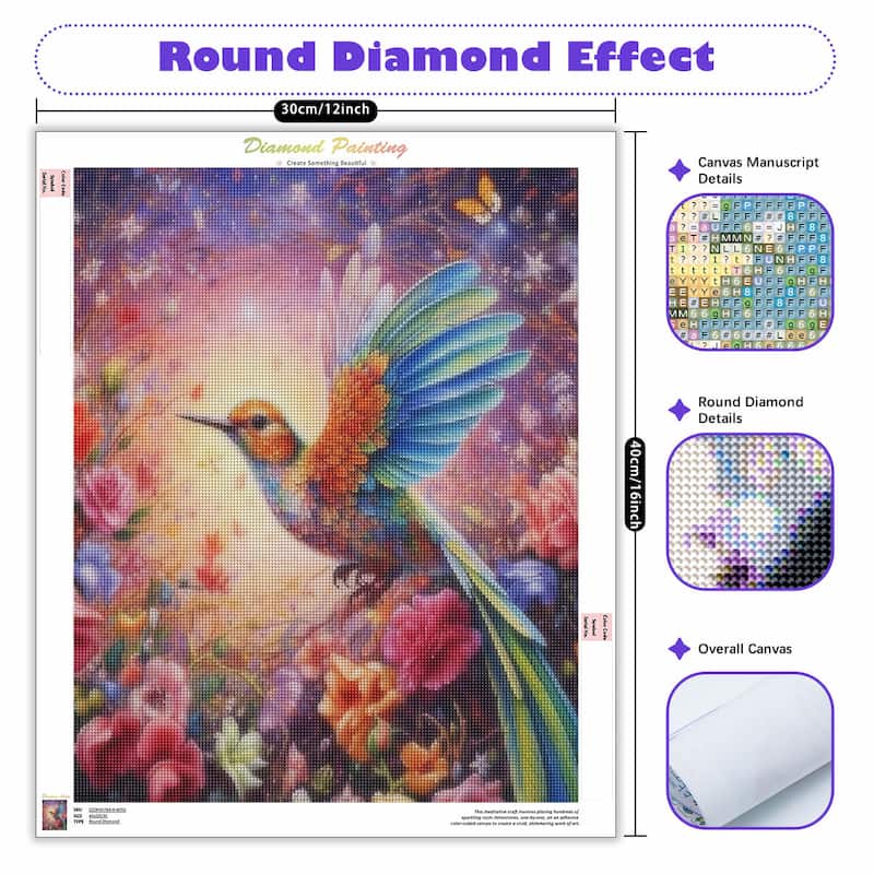 A diamond painting canvas kit preview titled 'Round Diamond Effect' showing a colorful hummingbird painting among flowers on a white canvas, with size labels (30cm/12in), detail closeups, and a rolled canvas shown on the right.