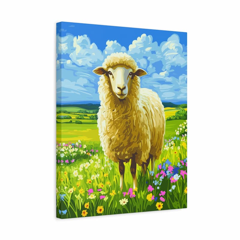 Painting of a sheep in a field with flowers and blue sky