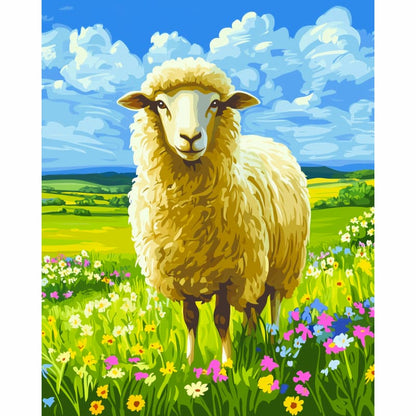 Sheep in a field with flowers and blue sky