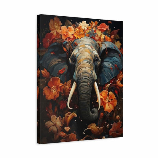 Majestic elephant emerging from darkness surrounded by amber and gold flowers - Paint by Numbers Kit shown in a frame