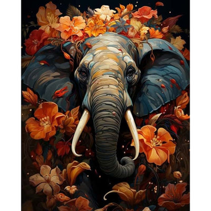 Majestic elephant emerging from darkness surrounded by amber and gold flowers - Paint by Numbers Kit