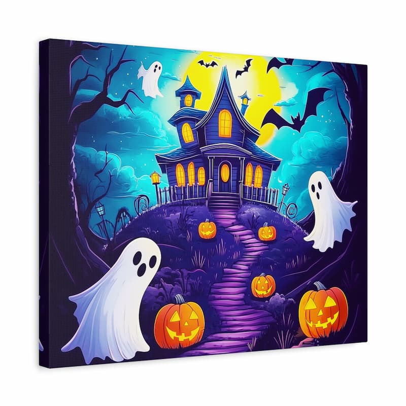 Halloween-themed artwork with a haunted house, ghosts, and pumpkins on a blue background.