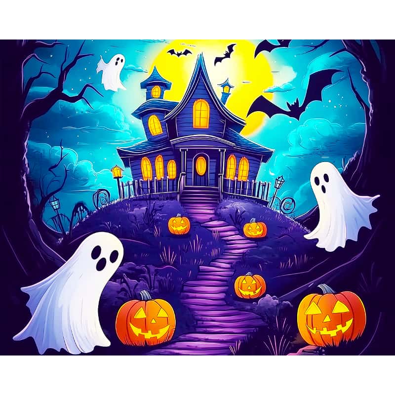 Halloween-themed illustration with a haunted house, ghosts, and pumpkins.