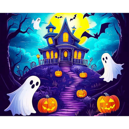 Halloween-themed illustration with a haunted house, ghosts, and pumpkins.