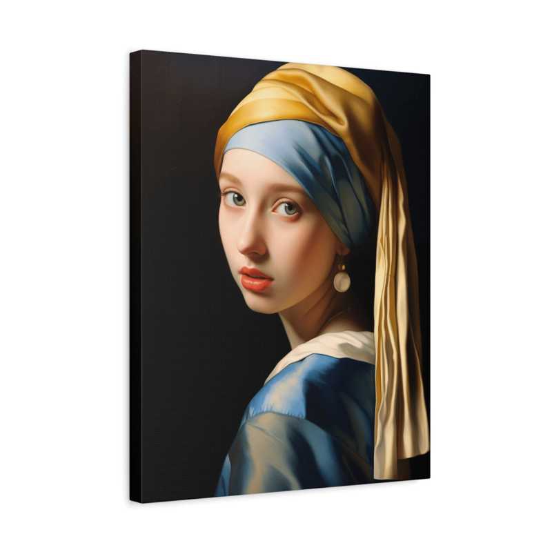 Canvas print of a famous painting featuring a woman with a pearl earring.