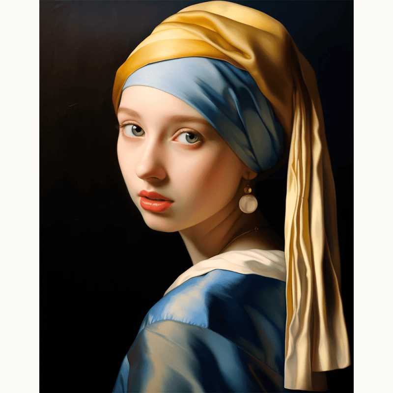 Famous painting of a woman with a pearl earring, inspired by Vermeer.