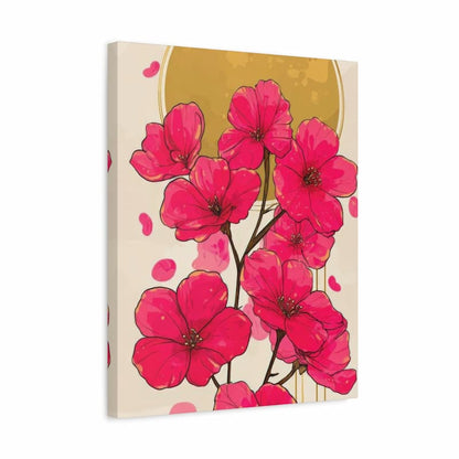 A square canvas wall art print featuring a stylized illustration of bright pink flowers with dark stems against a cream background and a gold circular shape, shown at a slight angle on a white background.