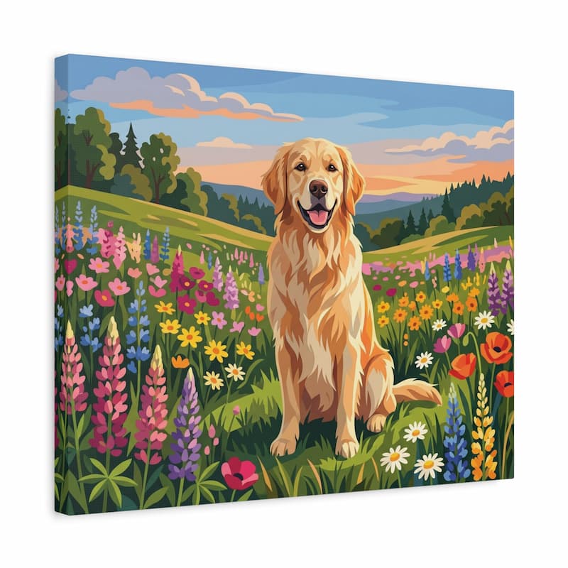 Canvas print of a golden retriever in a field of flowers with a scenic background