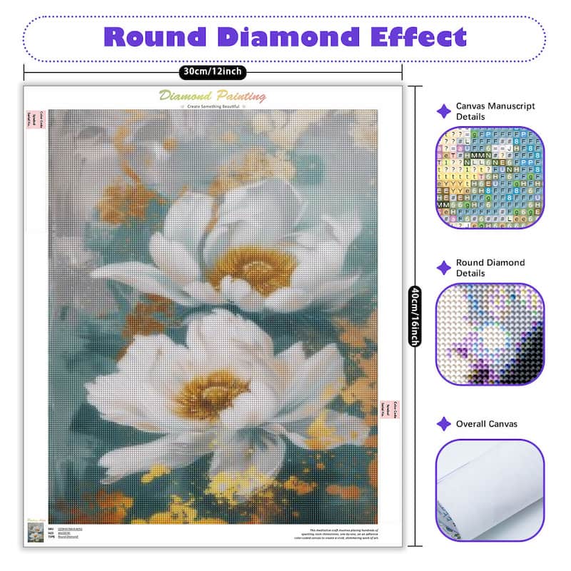 A diamond painting canvas featuring white flowers with yellow centers on a textured teal and gold background, shown with product callouts and dimensions on a white background. Text includes 'Round Diamond Effect', '30cm/12inch', 'Canvas Manuscript Details', 'Round Diamond Details', and 'Overall Canvas'.