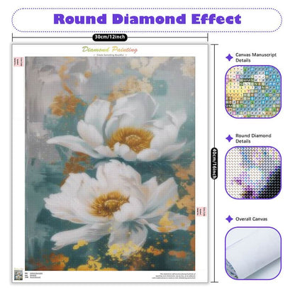 A diamond painting canvas featuring white flowers with yellow centers on a textured teal and gold background, shown with product callouts and dimensions on a white background. Text includes 'Round Diamond Effect', '30cm/12inch', 'Canvas Manuscript Details', 'Round Diamond Details', and 'Overall Canvas'.