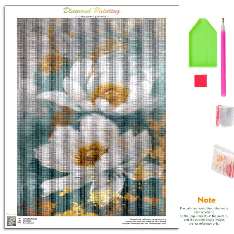Diamond painting canvas featuring two large white flowers with yellow centers on a textured teal and gold background, shown alongside included tools and accessories such as a green palette, pink pencil, beads, and paint packets. Text at the top reads 'Diamond Painting' and a note explains bead color and quantity.