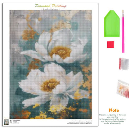 Diamond painting canvas featuring two large white flowers with yellow centers on a textured teal and gold background, shown alongside included tools and accessories such as a green palette, pink pencil, beads, and paint packets. Text at the top reads 'Diamond Painting' and a note explains bead color and quantity.