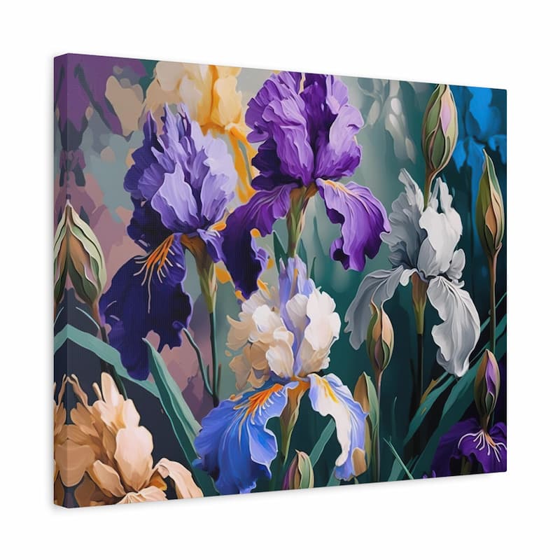 Tall purple and lavender iris flowers with green stems - Paint by Numbers Kit shown in a frame