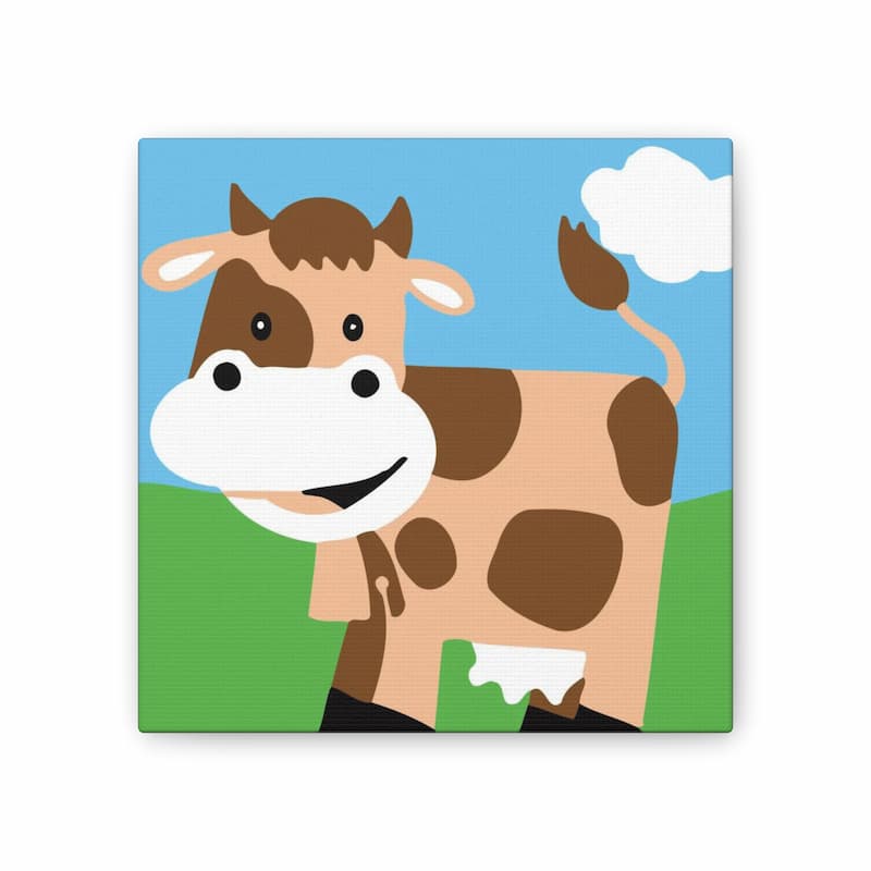 Cartoon cow with a blue sky and green field background
