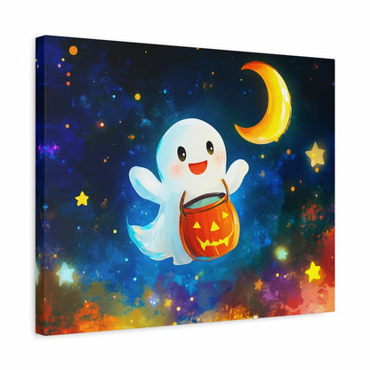 Canvas print with a cartoon ghost holding a pumpkin bucket against a starry night sky.