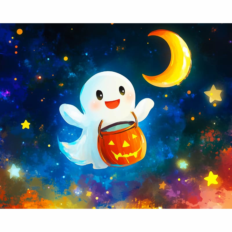 Cartoon ghost holding a Halloween bucket against a colorful night sky with stars and a moon.
