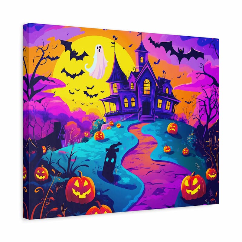 Halloween-themed canvas print with pumpkins, ghosts, and a haunted house.